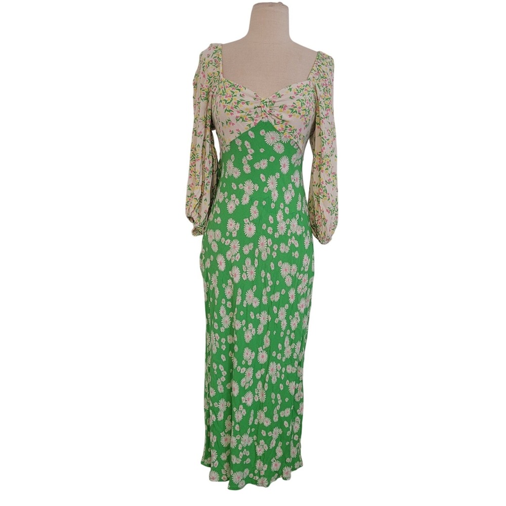 Rixo x‎ Target Green White Daisy Puff Sleeve Dress Sz 2 Ditsy Floral Feminine